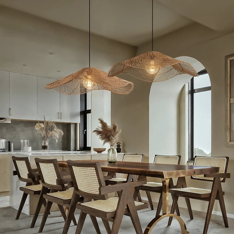 Woven Rattan Chandelier Restaurant Straw Hat Lights Dinning Room Hotel Loft wabi sabi lamp Japanese Decorative Hanging Lamp