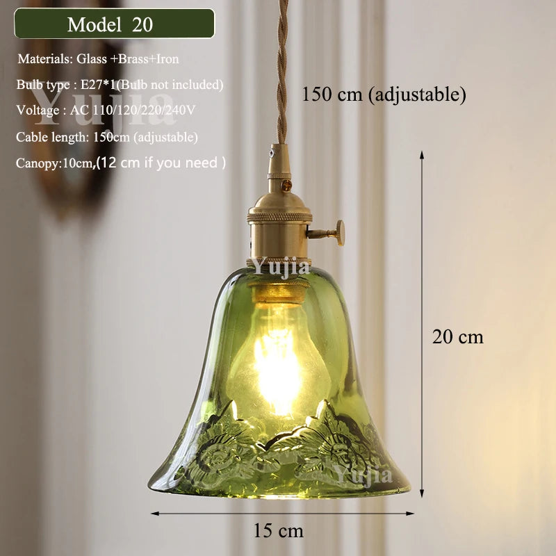 Multi-style Green Glass Pendant Light Vintage Light Fixtures with Glass Lampshade Modern Chandelier Lamp for Kitchen Island