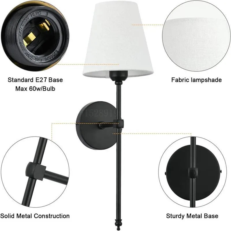 Modern American Led Wall Lamp for Bathroom Mirror Light Bedroom Room Decor Corridor Cloth Lampshade Sconce Wiring is required