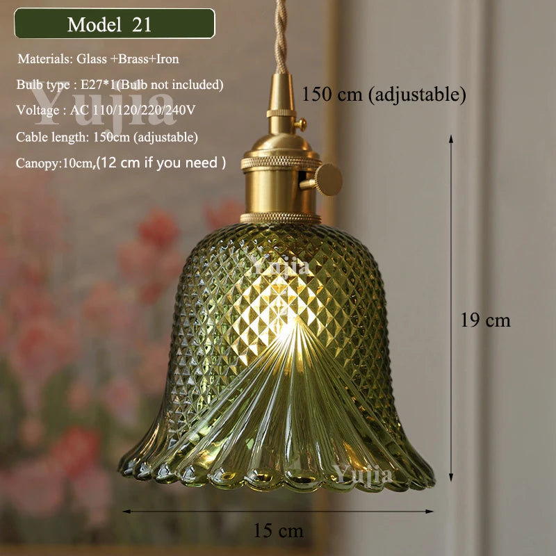 Multi-style Green Glass Pendant Light Vintage Light Fixtures with Glass Lampshade Modern Chandelier Lamp for Kitchen Island