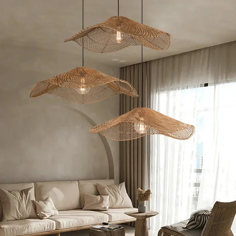 Woven Rattan Chandelier Restaurant Straw Hat Lights Dinning Room Hotel Loft wabi sabi lamp Japanese Decorative Hanging Lamp