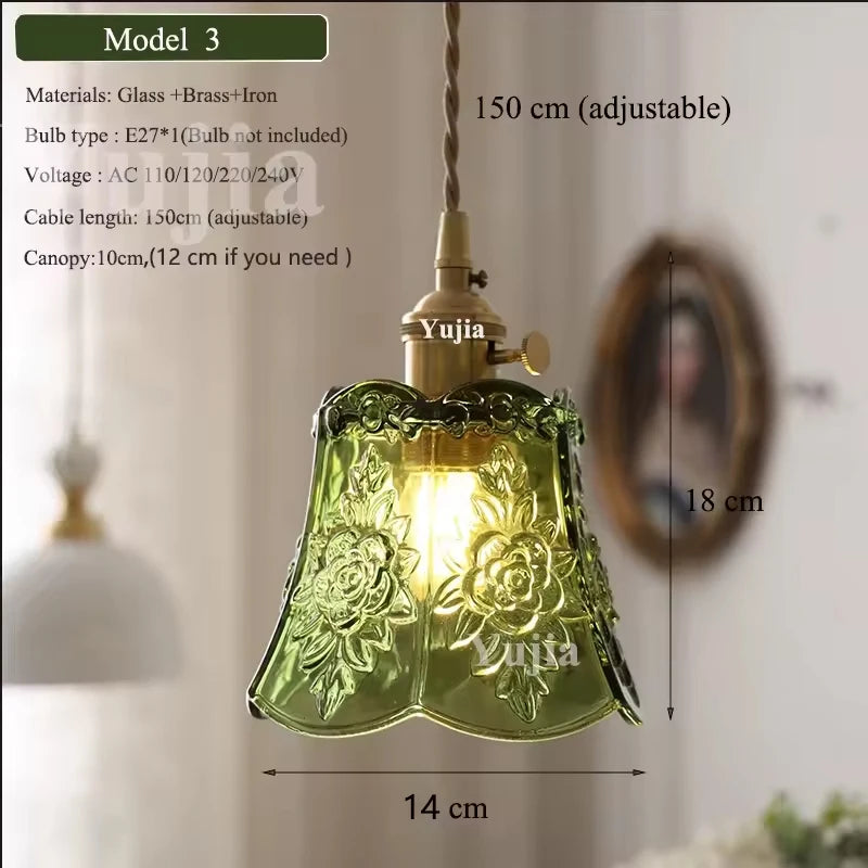 Multi-style Green Glass Pendant Light Vintage Light Fixtures with Glass Lampshade Modern Chandelier Lamp for Kitchen Island