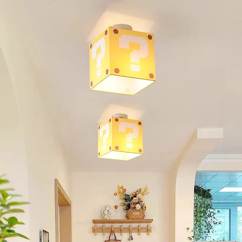 Mario Question Mark Ceiling Lamps Yellow Fabric Linen Light Creative Warm Children's Room Boys Girls Bedroom Aisle Ceiling Light
