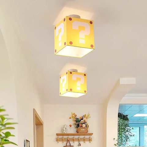 Mario Question Mark Ceiling Lamps Yellow Fabric Linen Light Creative Warm Children's Room Boys Girls Bedroom Aisle Ceiling Light