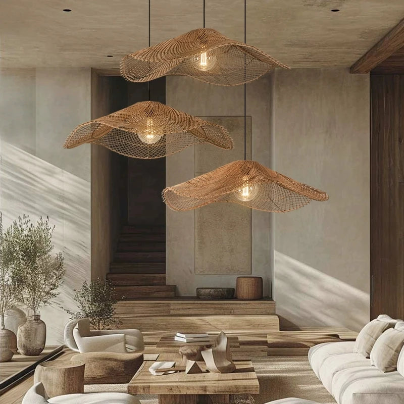 Woven Rattan Chandelier Restaurant Straw Hat Lights Dinning Room Hotel Loft wabi sabi lamp Japanese Decorative Hanging Lamp