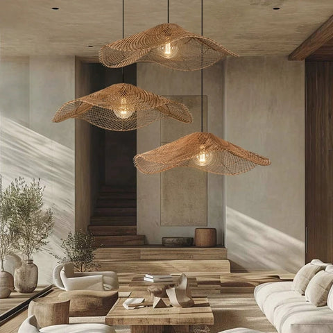 Woven Rattan Chandelier Restaurant Straw Hat Lights Dinning Room Hotel Loft wabi sabi lamp Japanese Decorative Hanging Lamp