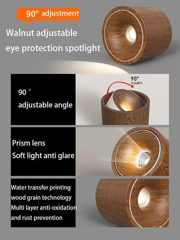 Led Spotlights Surface Mounted Walnut Color Spot Light Small Lamp Body Wooden Grain Ceiling Lights COB 7W 12W Adjustable Angle
