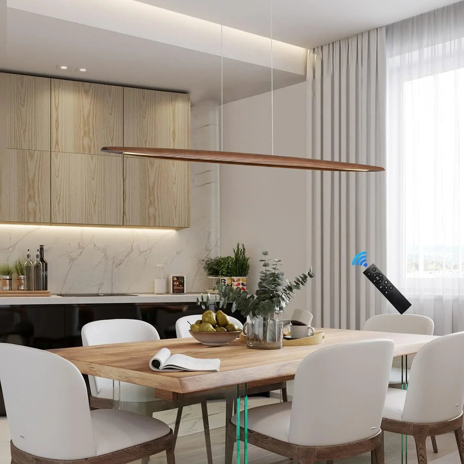 Wooden Led Pendant Lamp Long With Remote Dimmable Wood Linear Led Pendant Light Fixtures For Dining Room Kitchen Table