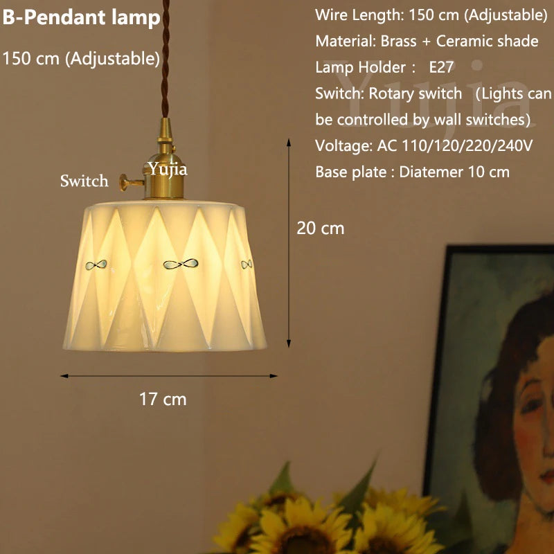 Elegant Brass Ceramic Pendant Ceiling Lamps Kitchen Island Modern Brass Hanging Lighting Fixtures with Switch AC 110-240V