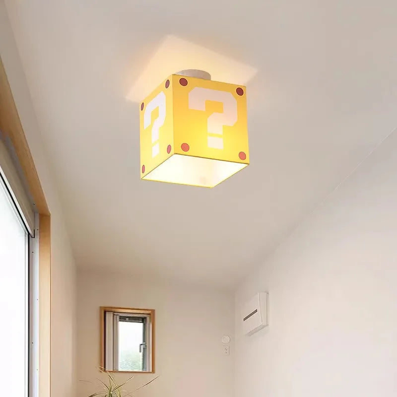 Mario Question Mark Ceiling Lamps Yellow Fabric Linen Light Creative Warm Children's Room Boys Girls Bedroom Aisle Ceiling Light
