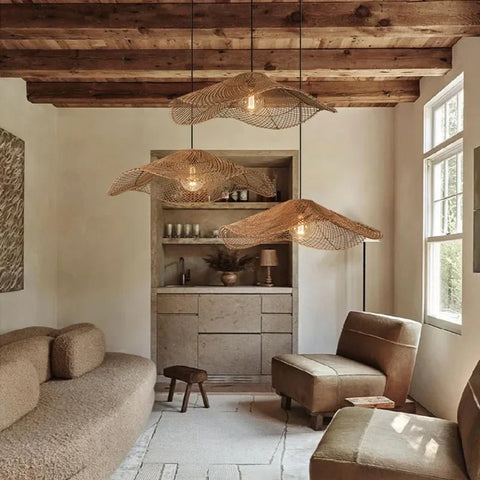 Woven Rattan Chandelier Restaurant Straw Hat Lights Dinning Room Hotel Loft wabi sabi lamp Japanese Decorative Hanging Lamp