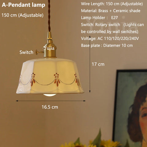 Elegant Brass Ceramic Pendant Ceiling Lamps Kitchen Island Modern Brass Hanging Lighting Fixtures with Switch AC 110-240V