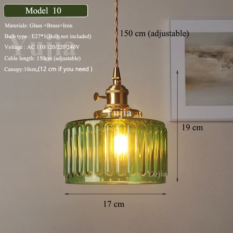 Multi-style Green Glass Pendant Light Vintage Light Fixtures with Glass Lampshade Modern Chandelier Lamp for Kitchen Island